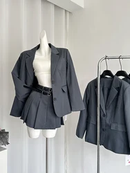 Women's Preppy Style Two Piece Sets Vintage Long Sleeve Blazer with A-Line Mini Pants Vintage Y2k Grey Skirt Sets 2000s Clothes