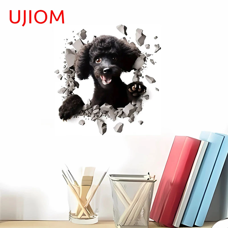 UJIOM 13cm X 12.5cm 3D Poodle Dog Tear Wall Stickers Waterproof Amusing Baby Nursery Room Vestibule Decal Decoration Chambre