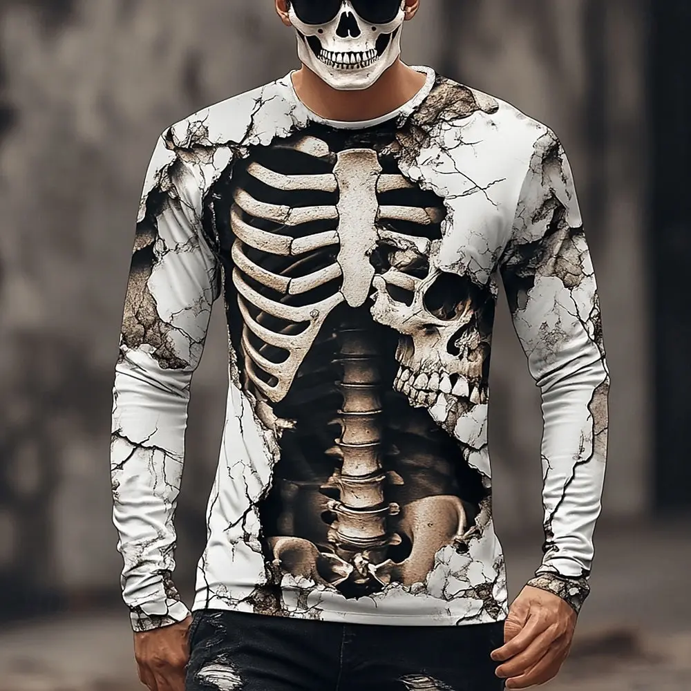 

Halloween Skeleton Printed Long Sleeve T-Shirt for Men Gothic Trendy Streetwear Casual Tops Halloween Theme Tee Fall Winter