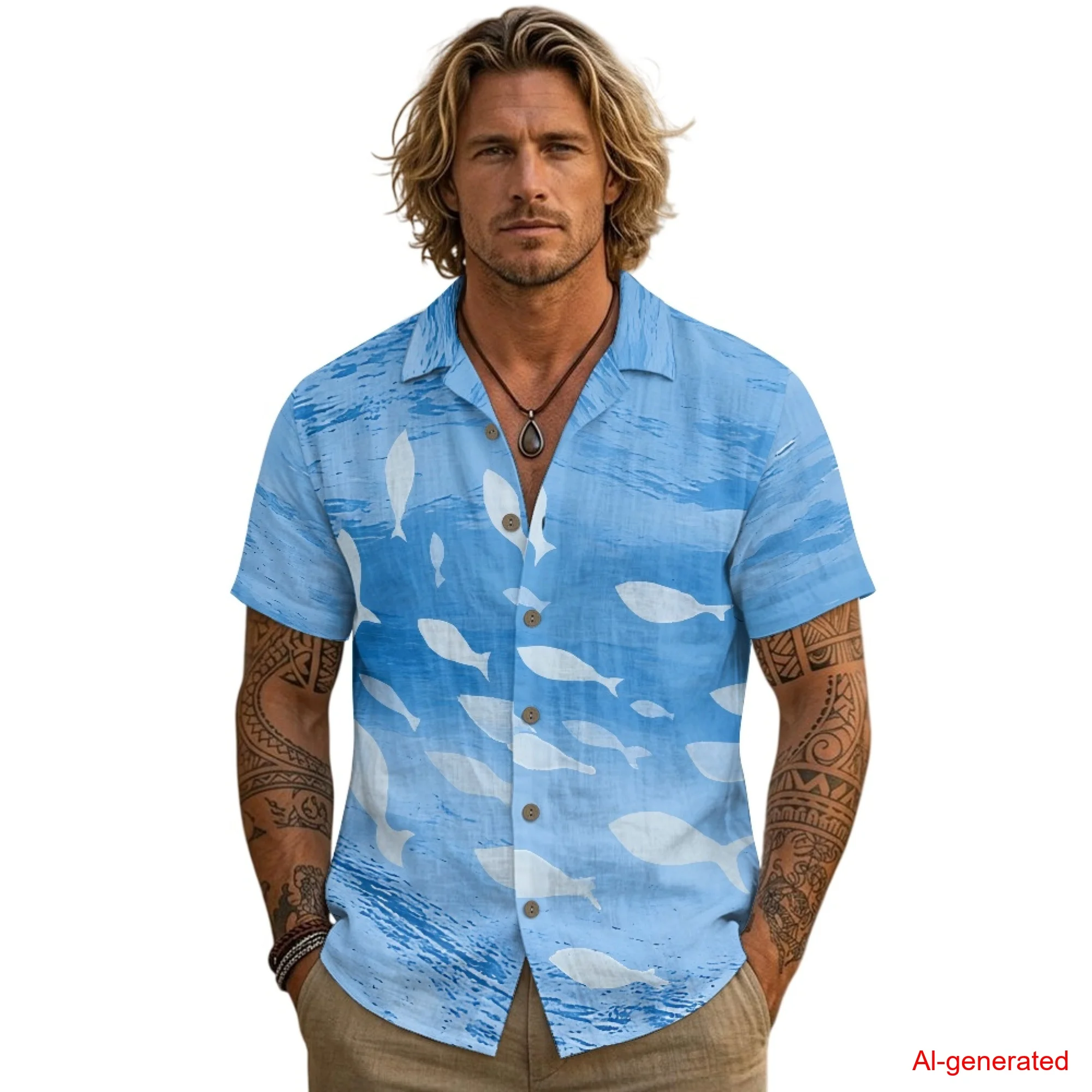 INSTANTARTS Men's Linen Short-Sleeved Shirt Ocean Fish Pattern Men's Summer Beach Shirt Breathable Vacation Outfit S-3XL