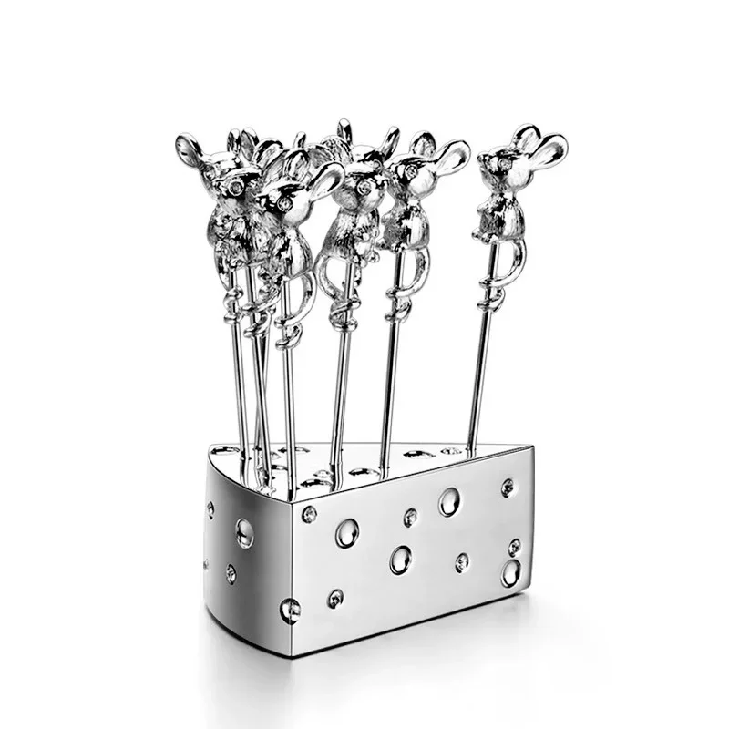 Stainless Steel Fruit Fork Creative Fruit Toothpick Set Mouse Shape Cheese Base Small Cake Forks Metal Home Kitchen Utensils