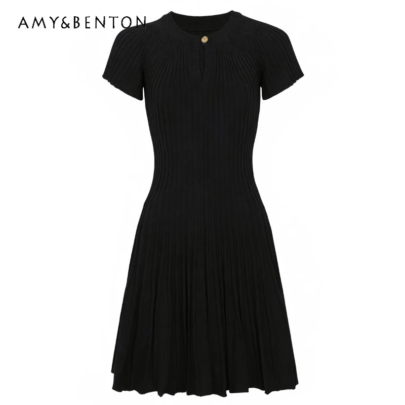 

Women's Short Dress 2026 Summer New Slimming Fashion Short Sleeve Hollow Out High Elasticity Crew Neck Striped Dresses Ladies