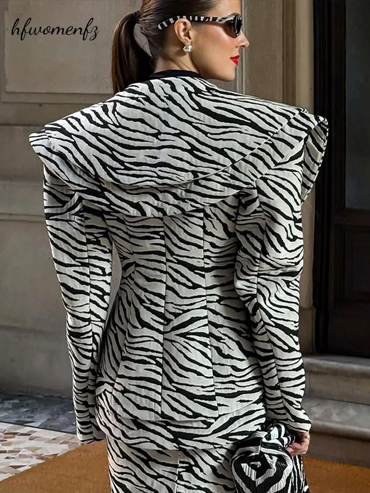 Elegant Zebra Print 2 Pieces Skirt Suit Lapel Long Sleeve Blazer High Waist Midi Skirts Suit 2026 Autumn Office Matching Outfits