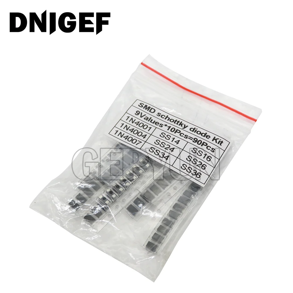 90pcs 9values x 10pcs 1N4001 1N4004 1N4007 SS14 SS24 SS34 SS16 SS26 SS36 SMD schottky diode assort kit