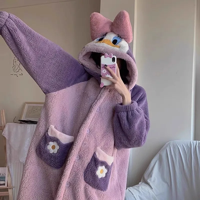 MINISO Cartoon Robes Animal Donald Duck Women Hooded Bathrobe Cosplay Costumes Winter Home Wear Lady Nightgown Pajama