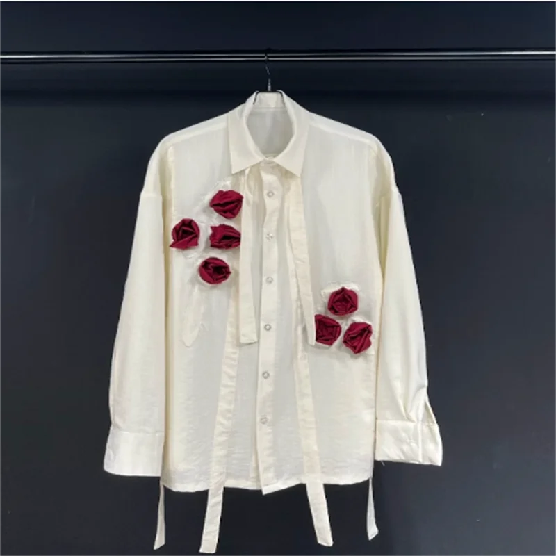 

【custom】High quality Original design rice white linen long sleeve lapel thin shirt handmade rose top