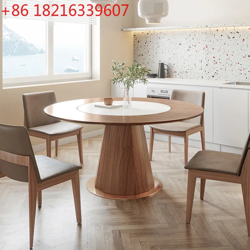 

Solid wood round dining table with embedded turntable household modern small apartment walnut wabi sabi dining table