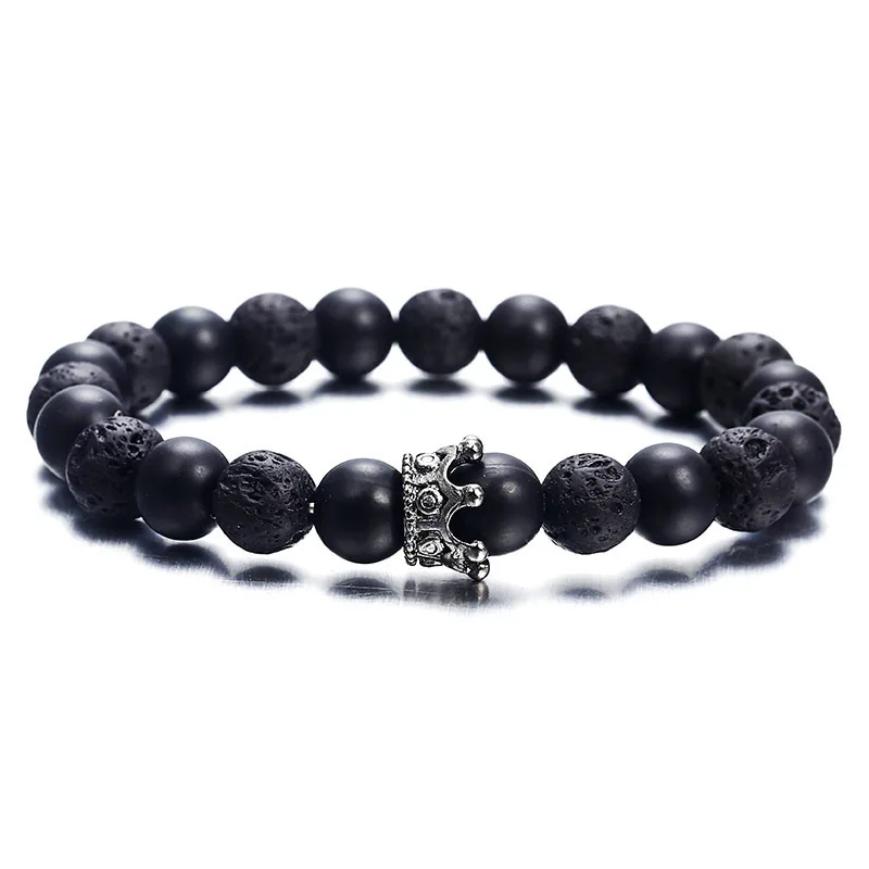 8mm Natural Lava Stone Bracelets For Women Men New Volcanic Stone Black White Agate Crown Beads Bangle Jewelry Christmas Gift