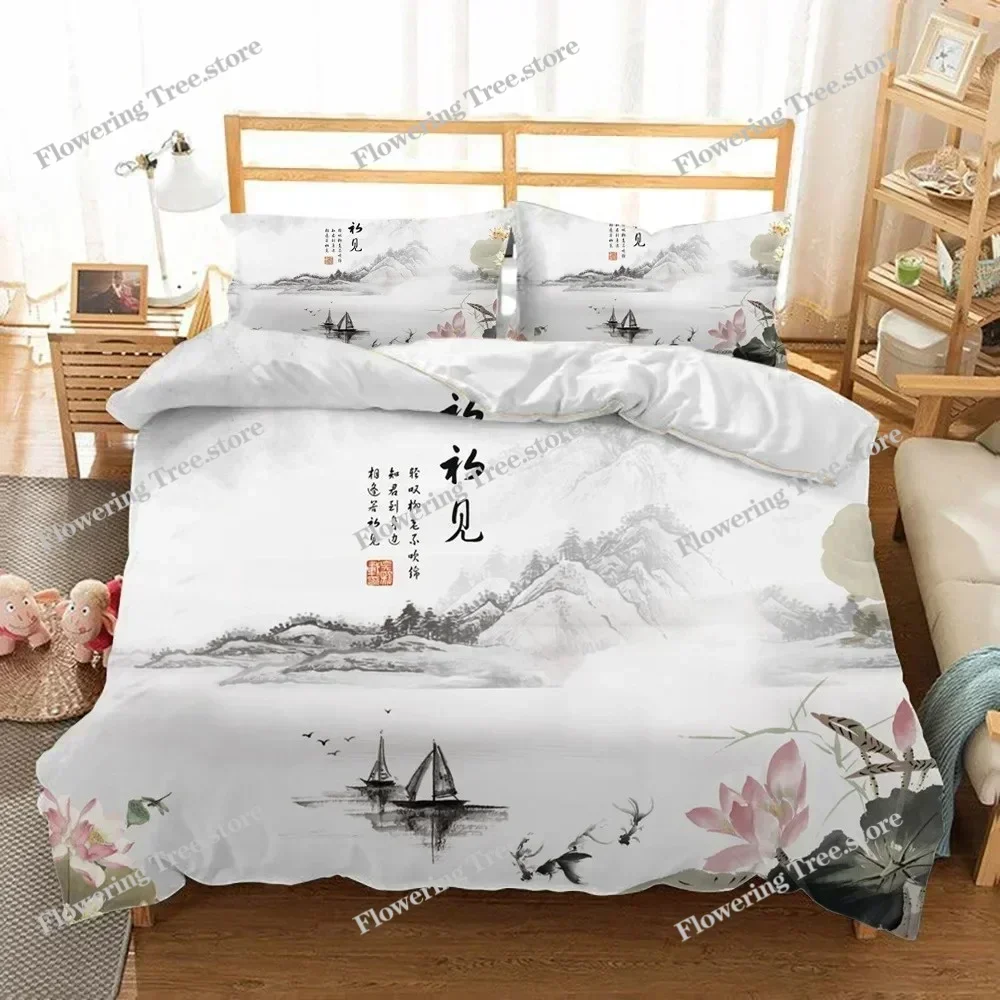Nature Landscape Duvet Cover KingQueen Size,Chinese Ink Painting Style Bedding Set Mountain River Polyester Quilt Cover029963