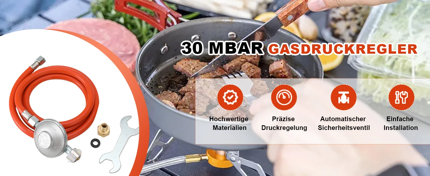 1 Set Gasschlauch 150cm Druckminderer 30mbar Regler-Set Übergang 1/2' R X 1/4' Lks Adapter für LPG BBQ Gasgrill Kocher – Detail 1
