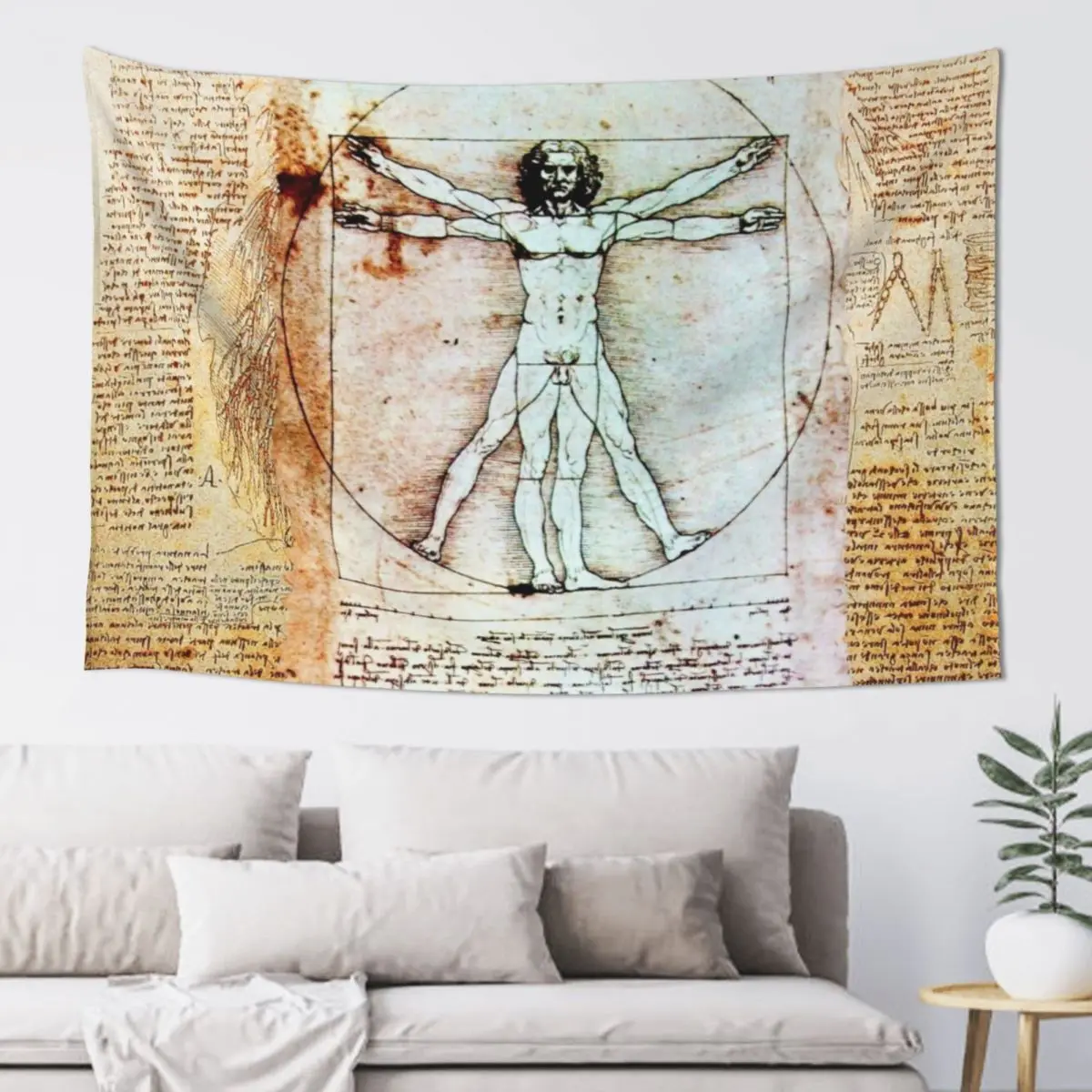 

VITRUVIAN MAN Leonardo Da Vinci Handwriting Antique Parchment Tapestry Wall Tapestries Wallpaper Tapestry