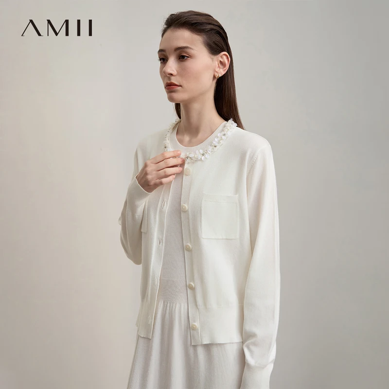 

Кардиган AMII для женщин, осень 2023, новый минималистичный свитер с круглым вырезом и длинными рукавами для женщин, свободные универсальные топы для женщин 12543204