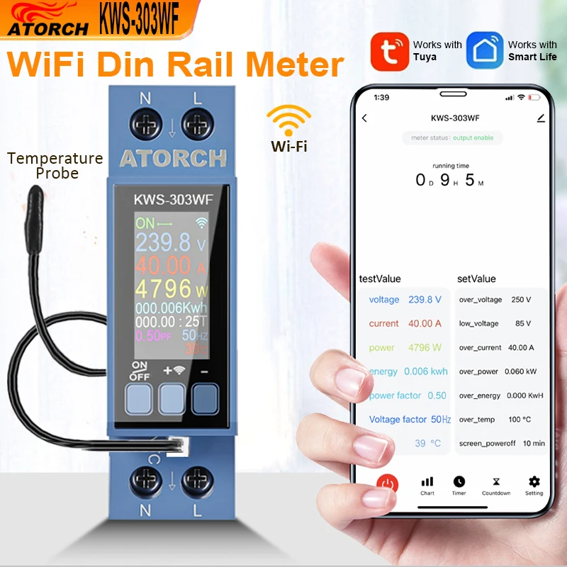 WIFI Tuya Din Rail AC Monitor Multifunction Energy Power Voltage Current Power Factor KWH Electric Frequency Meter AC85-290V/40A