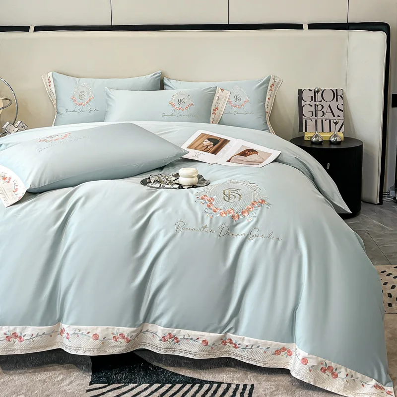 A-class pure cotton four piece set, 160 thread all season cotton bed sheet and duvet cover, high-end embroidered long staple cot