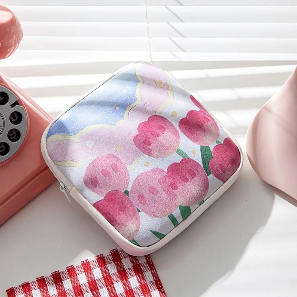 Korean Style Tulip Flower Storage Bag Cloth Coin Purse Sanitary Napkin Storage Bag Data Cable Storage Bag Small Item Bag