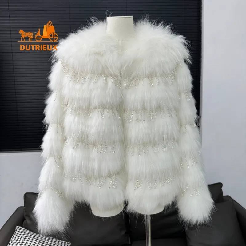 2025 New Temperamental Top-grade Genuine Leather Raccoon Fur Coat for Women, Warm 00% Raccoon Fur Coat for Vacation and Office