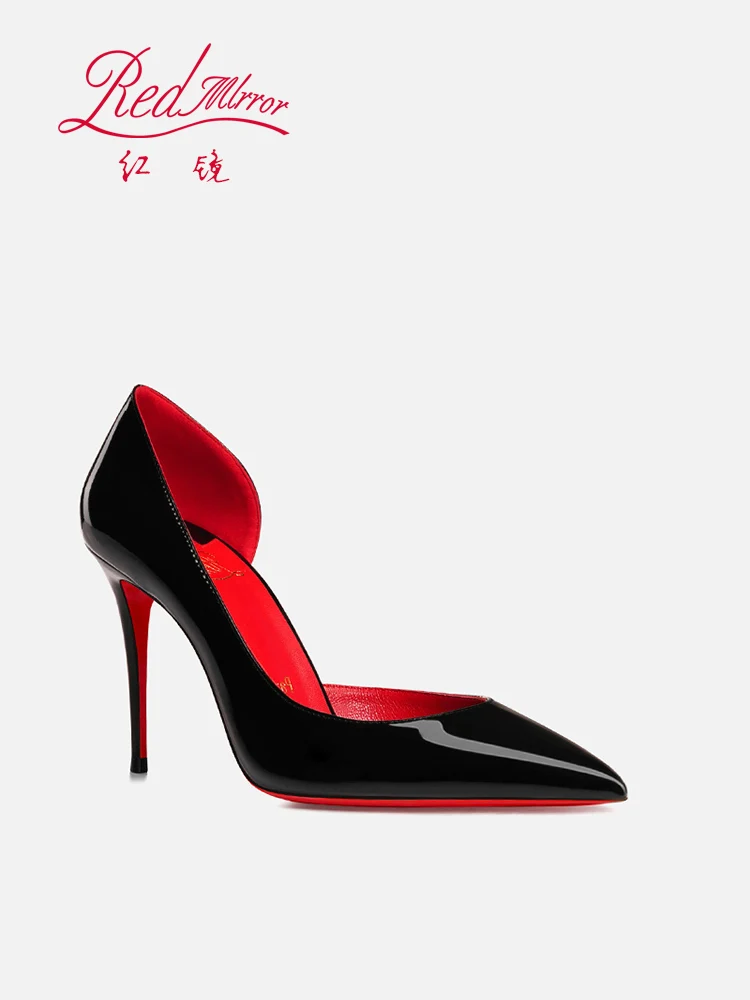 ด้านในสีแดง, ก้นสีแดง, ตะเข็บนิ้วเท้าแบบเปิด, ด้านข้างเปล่า, ปากตื้น, รองเท้าส้นสูงปลายแหลมหนังแก้วสีดำมืออาชีพเซ็กซี่