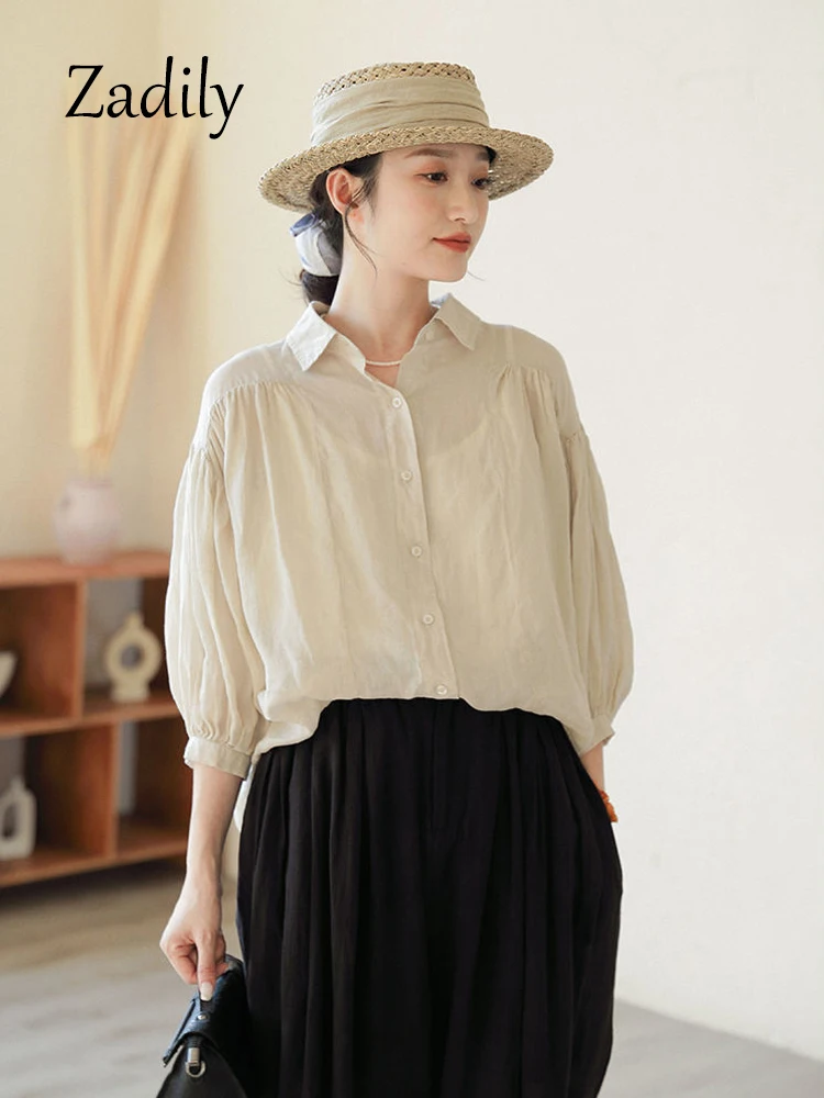 

Zadily 2023 Summer Korea Style Half Sleeve Women linen Shirt Casual Thin Folds Button Up Loose Ladies Blouse Daily Clothing Tops