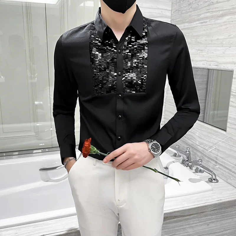 2023 Sequin Stitching Men\'s Shirt Long Sleeve Slim Casual Shirt Social Party Tuxedo Men Clothing Streetwear Camisa Masculina