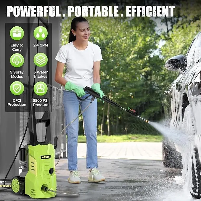 Portable Power Washer with Upgraded Soap Tank, 4 Pressure Tips, 6.6 FT Inlet & 23 FT Water Outlet Hose, 3800PSI & 2.4GPM, Patios