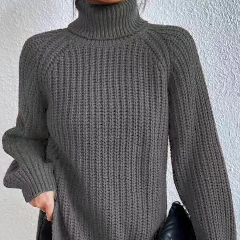

Autumn Winter High Ne Knitted Sweater mid Length oulder Insert Sve High Collar Open Split Soft Comfortable Women's Wear
