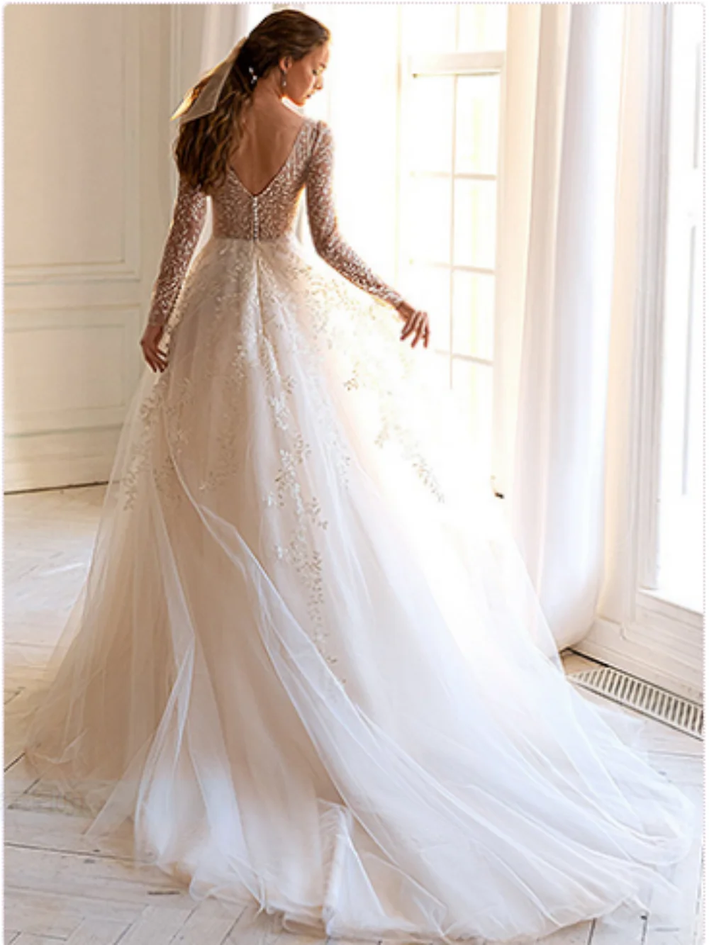 Abito da sposa modesto a maniche lunghe Abito classico con applicazioni in pizzo per la sposa Elegante abito da sposa lungo a trapezio personalizzato Robe De Mariée