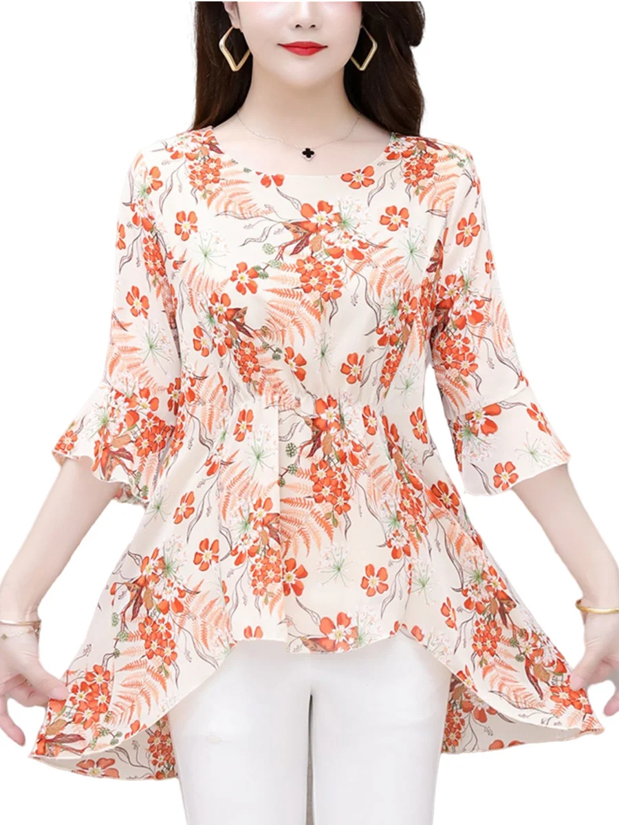 5XL Loos Women Spring Summer Blouses Shirts Lady Fashion Casual Half Trumpet Sleeve O-Neck Collar Printing Blusas Tops CT0435