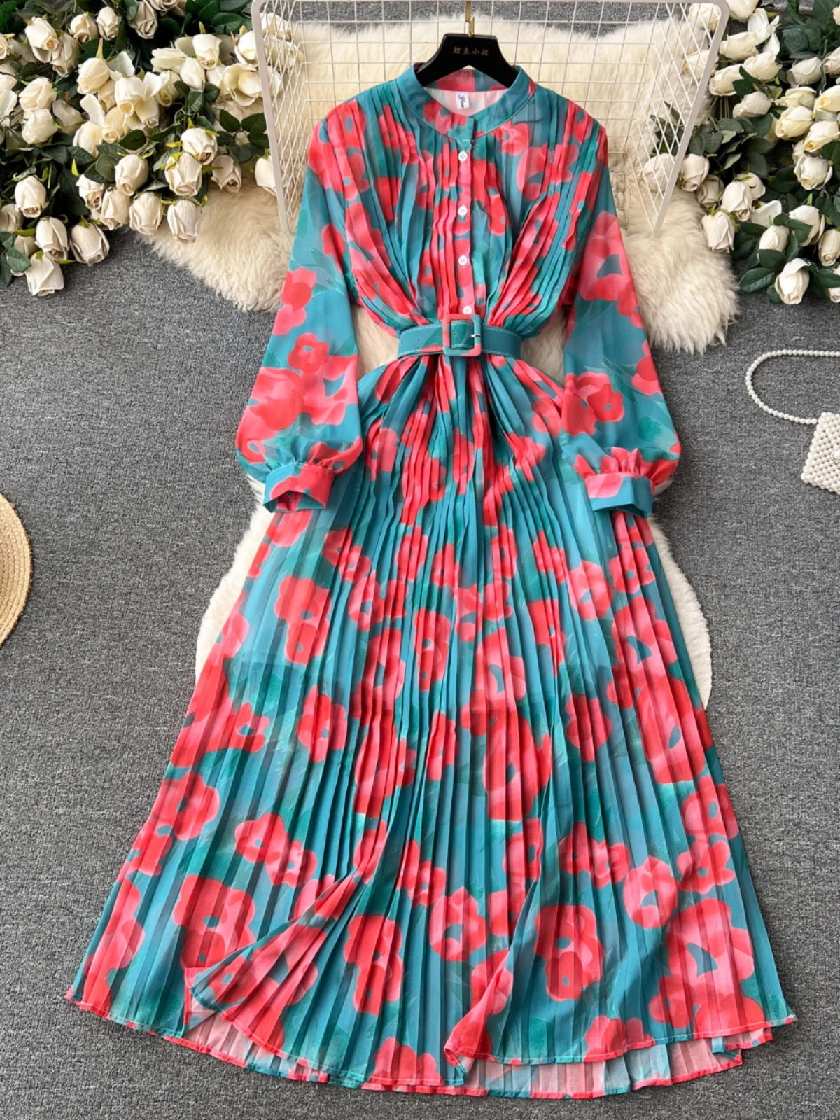 Draping Effect Dress Women Autumn Clothing French Style Puff Sleeve Slim-Fit Long Heavy Industry Pleated Chiffon Floral Dress