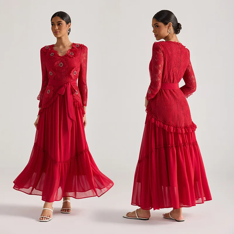 

Длинная юбка с объемной вышивкой бисером и 3D-цветами, из бархатной ткани, с высокой талией, во французском стиле, нейтральная, с длинными рукавами, для повседневной носки