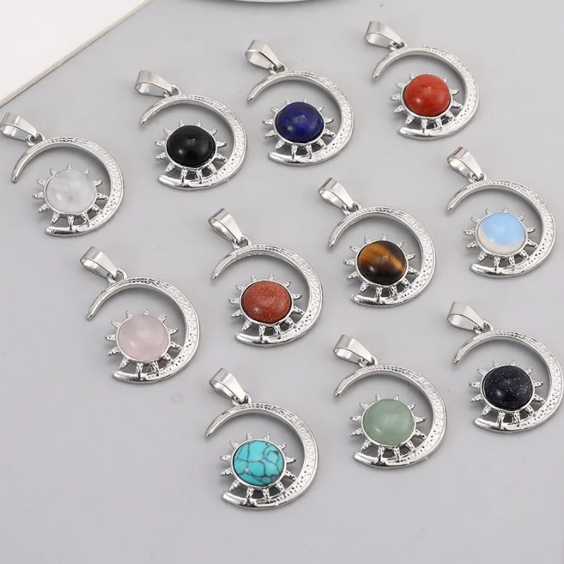 

10 шт./лот натуральный камень кварц кристалл аметист луна солнце сплав подвески для изготовления ювелирных изделий DIY ожерелье амулет маятник