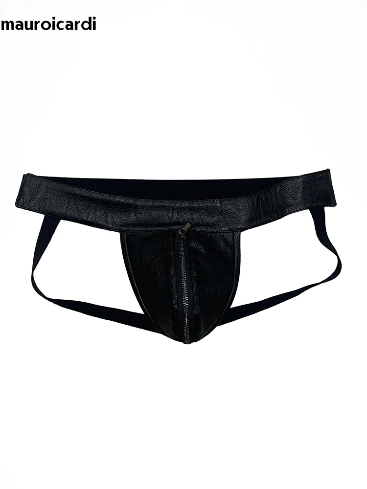 Primavera Verano negro Pu pantalones cortos de cuero para hombres cintura elástica diseñador de lujo Emo estilo Punk ropa interior para hombres Tanga Sexy