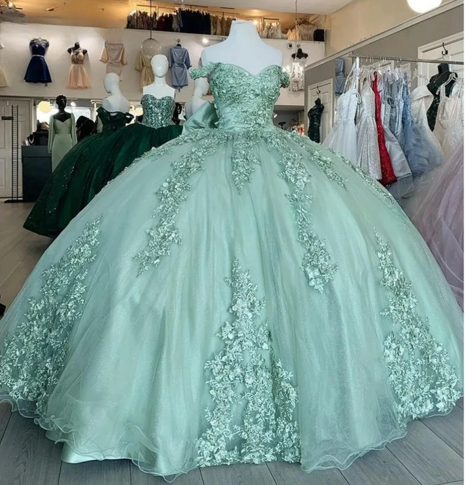 فساتين أميرة Quinceanera أخضر نعناعي ، ثوب حفلة ، زينة عاري الكتفين ، حلوة 16 فساتين ، 15 سنة ، مكسيكية