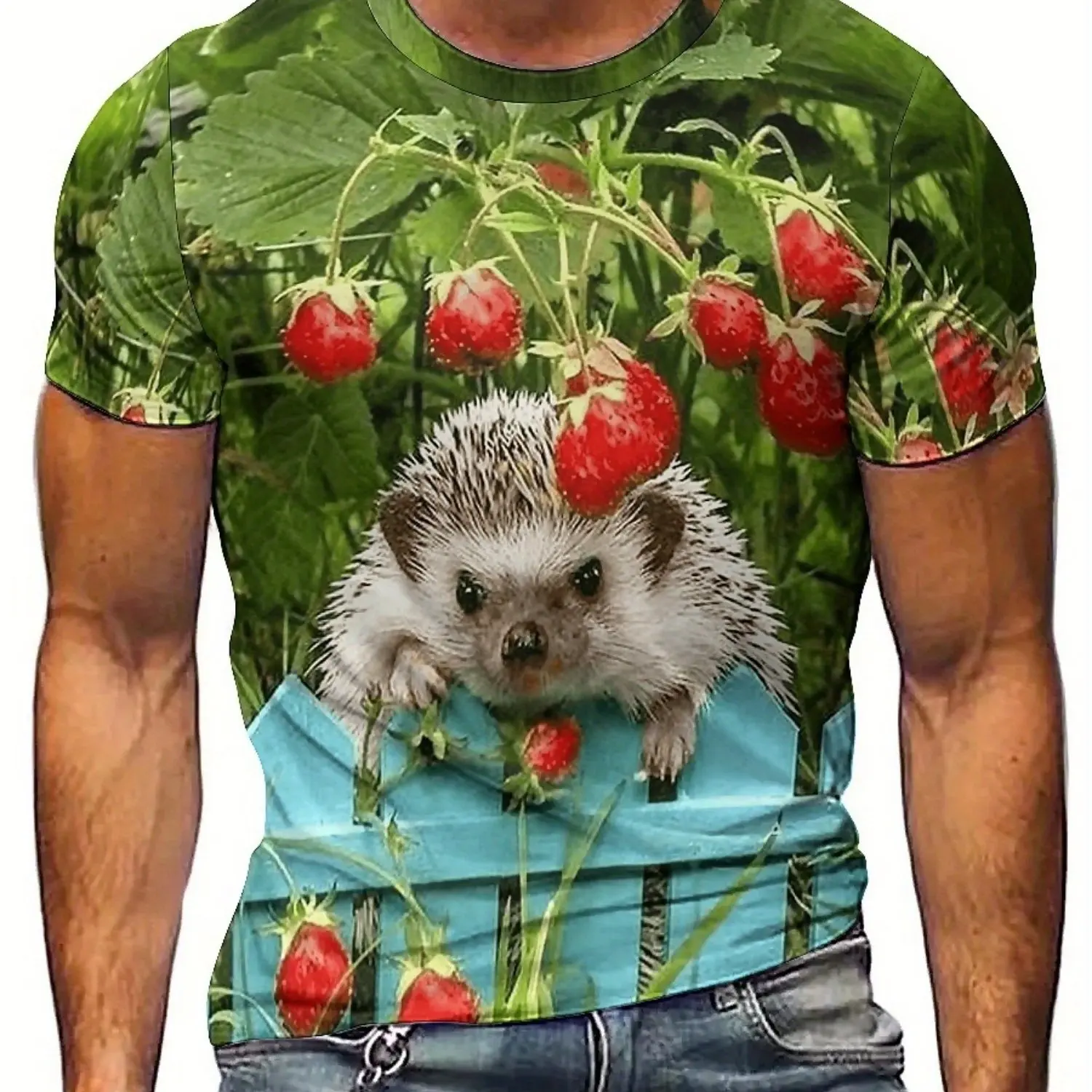 Men's Retro Y2K Geometric 3D Print T-Shirt with Cute Hedgehog & Strawberry Design - Artistic Abstract Pattern, Short Sleeve