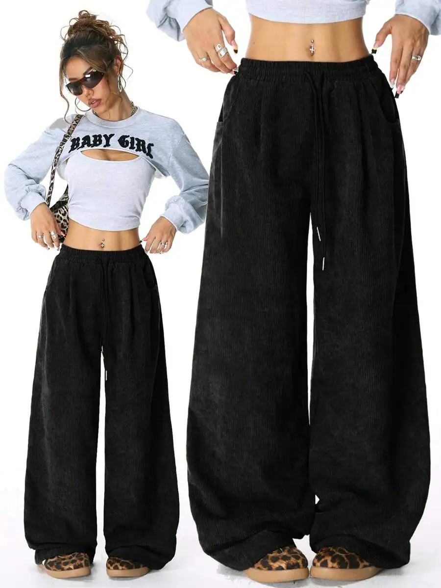 

Women's Black Wide-Leg Corduroy Pants, Loose Fit, High Waist, Casual Streetwear for Winter