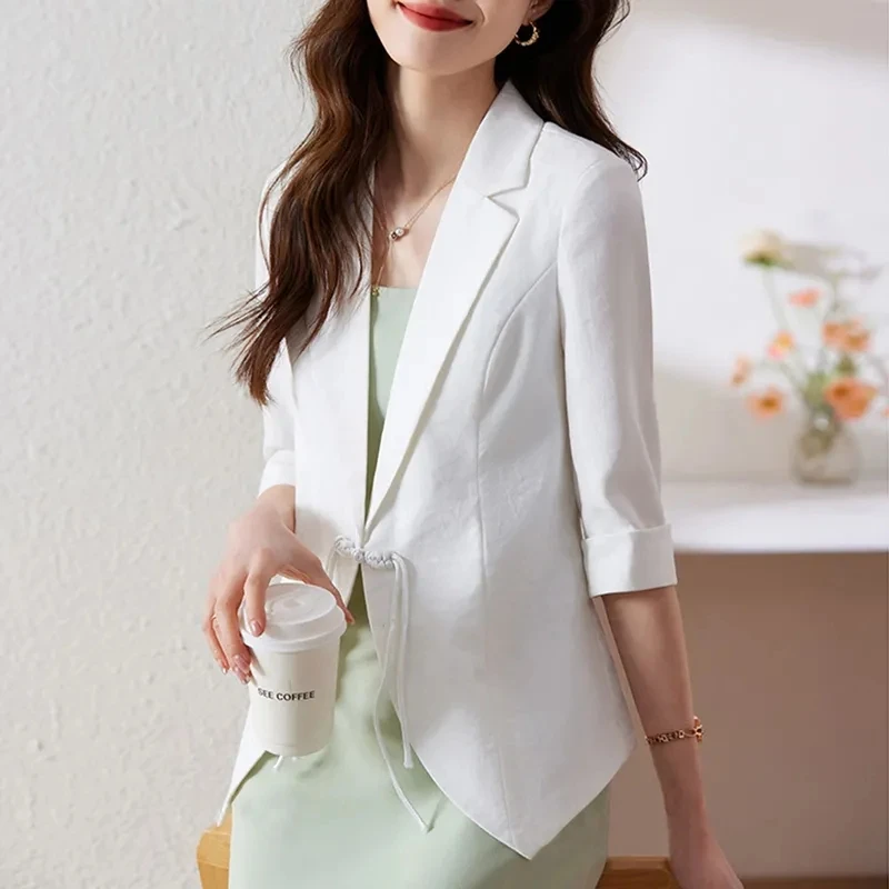 Three-Quarter Sleeve Blazer Jacket female Chinese Joker buckle Temperament Thin Small Suit Light And Thin Outside Ladies Shirt