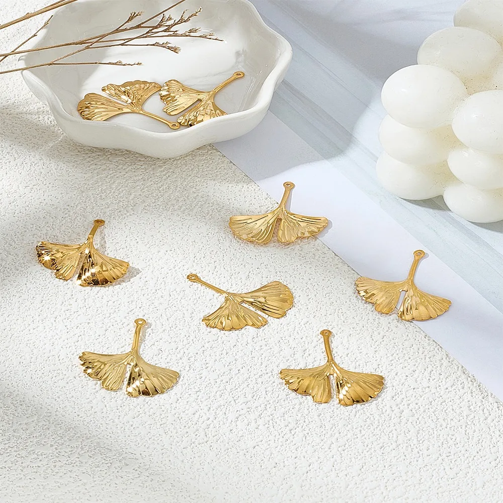 10Pcs 201 Stainless Steel Pendants Ginkgo Leaf Real 24K Gold Plated 29x25.5x1.9mm Hole: 0.8mm