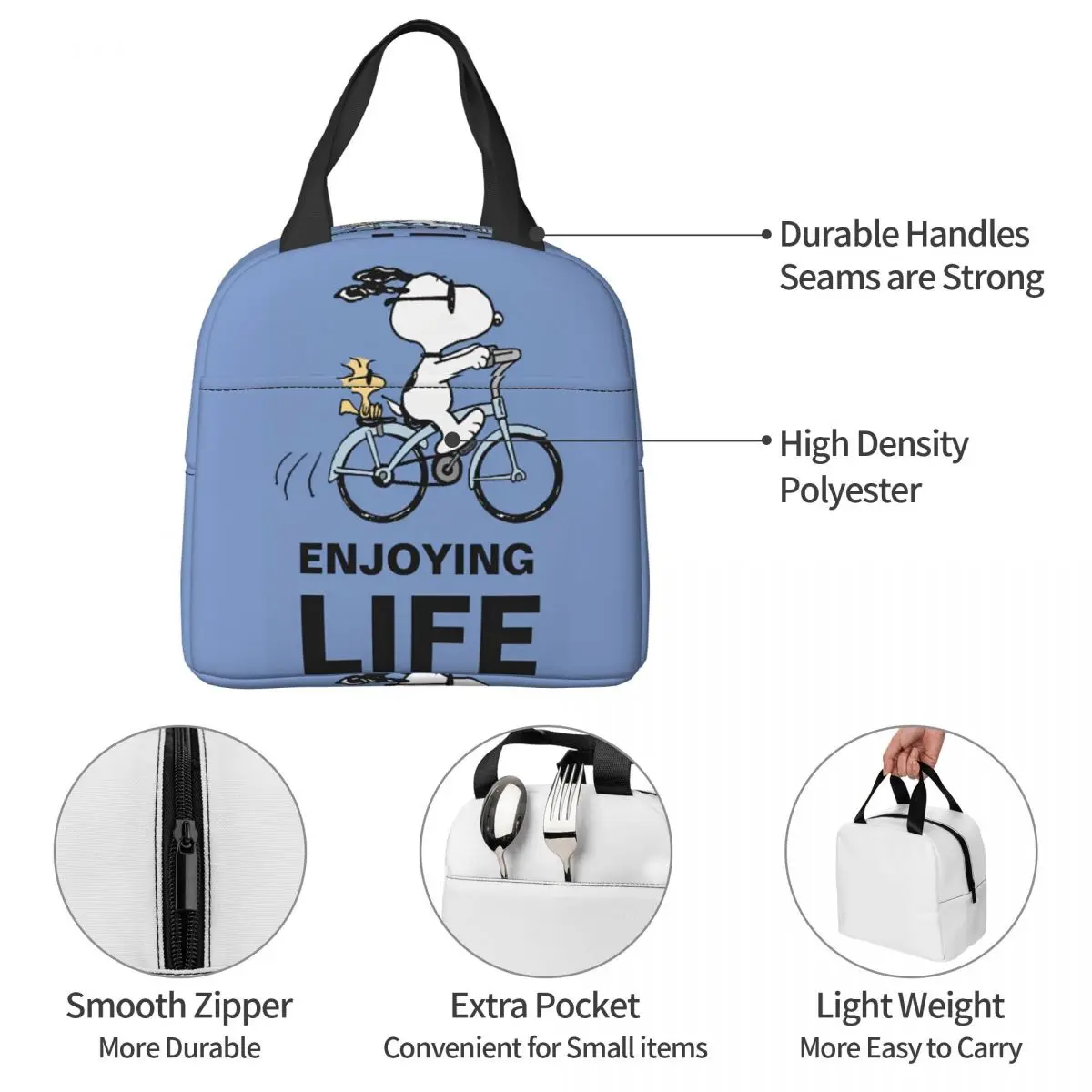 Snoopy Bicycle Cartoon Lunch Bag Convenient Lunch Box Office Designer Cooler Bag Kawaii Oxford Thermal Tote Handbags