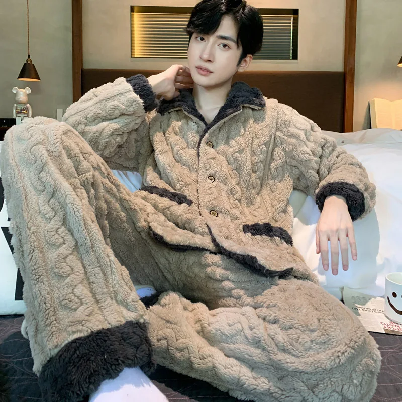 Men's Warm Autumn Winter Pajamas Set Homewear Long-sleeved Trousers Two-piece Set Thick High Quality Sleepwear Suit Home Clothes