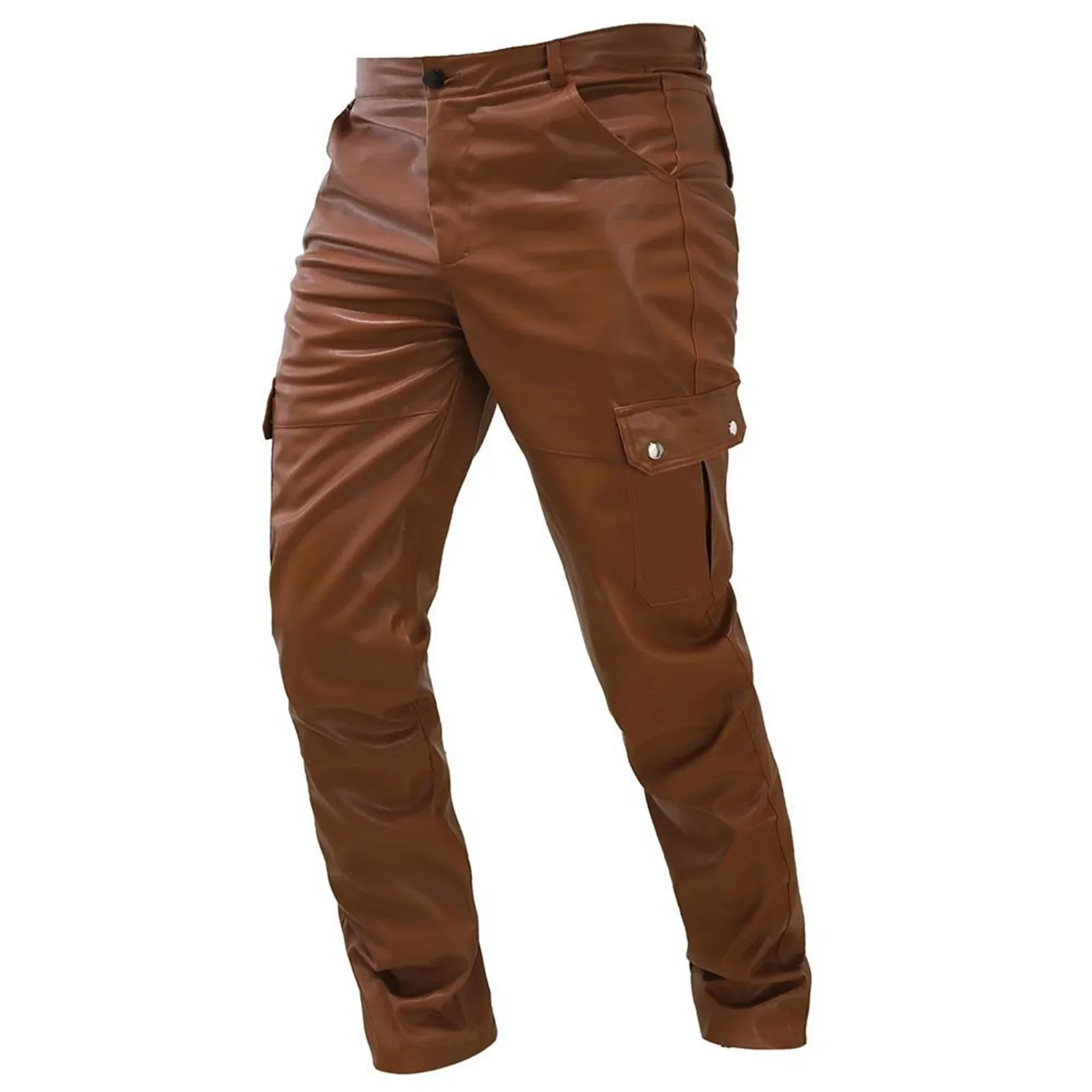 

Men'S Leather Cargo Pants Stylish Solid Color Multi-Pocket Pu Leather Trousers Skinny Straight Pants Sexy Club Party Trousers