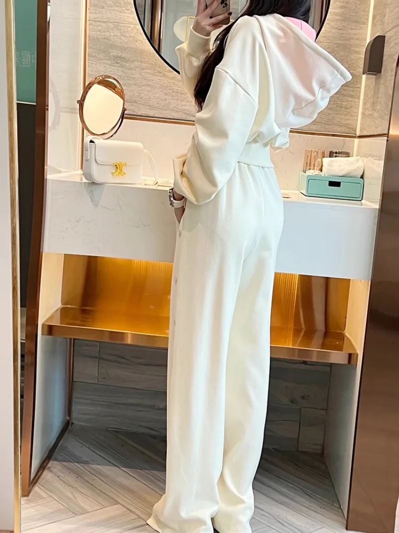 Korean Fashion Hoodie Wide Leg Pants Two-piece Set Women Sweet Cool Contrast Color Sweet Chic Spring Female Casual Sports Suit