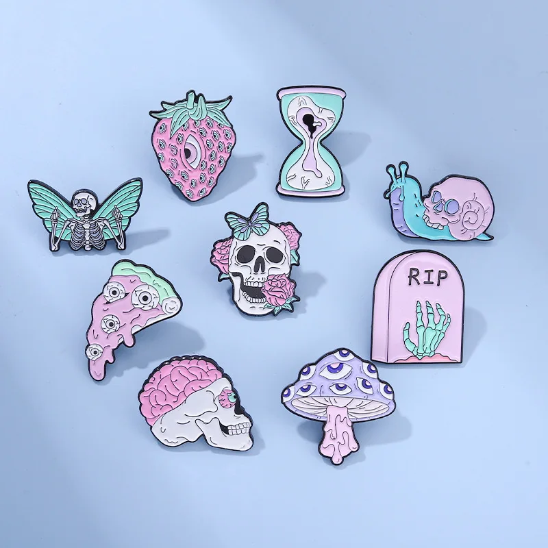 Intensive Eyes Enamel Pins Custom Pink Punk Skeleton Butterfly Pizza Hourglass Strawberry Brooch Gothic Lapel Badgs for Friends