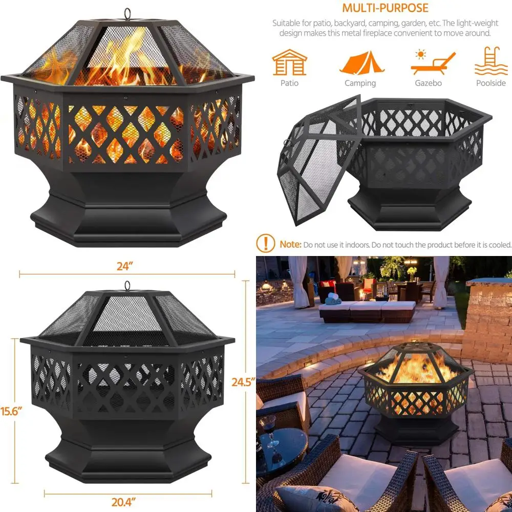 

Hexagonal Outdoor Fire Pit Bowl 24 Inches, with Spark Screen and Poker, Perfect for Patio, Backyard, and Garden Gatherings
