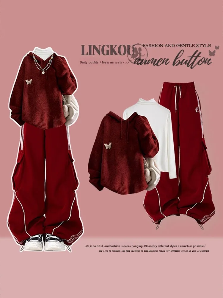 

Stunning plus Size Autumn Winter Red Sweatshirt Base Layer High Waist Slimming Workwear Pants Three Piece Set for Women