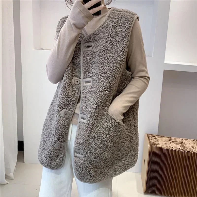 

Autumn Winter Korean Imitation Lamb Fur and Fur Vest Women Loose with Sleeveless Casual Waistcoat Coats Female Outerwea V1428