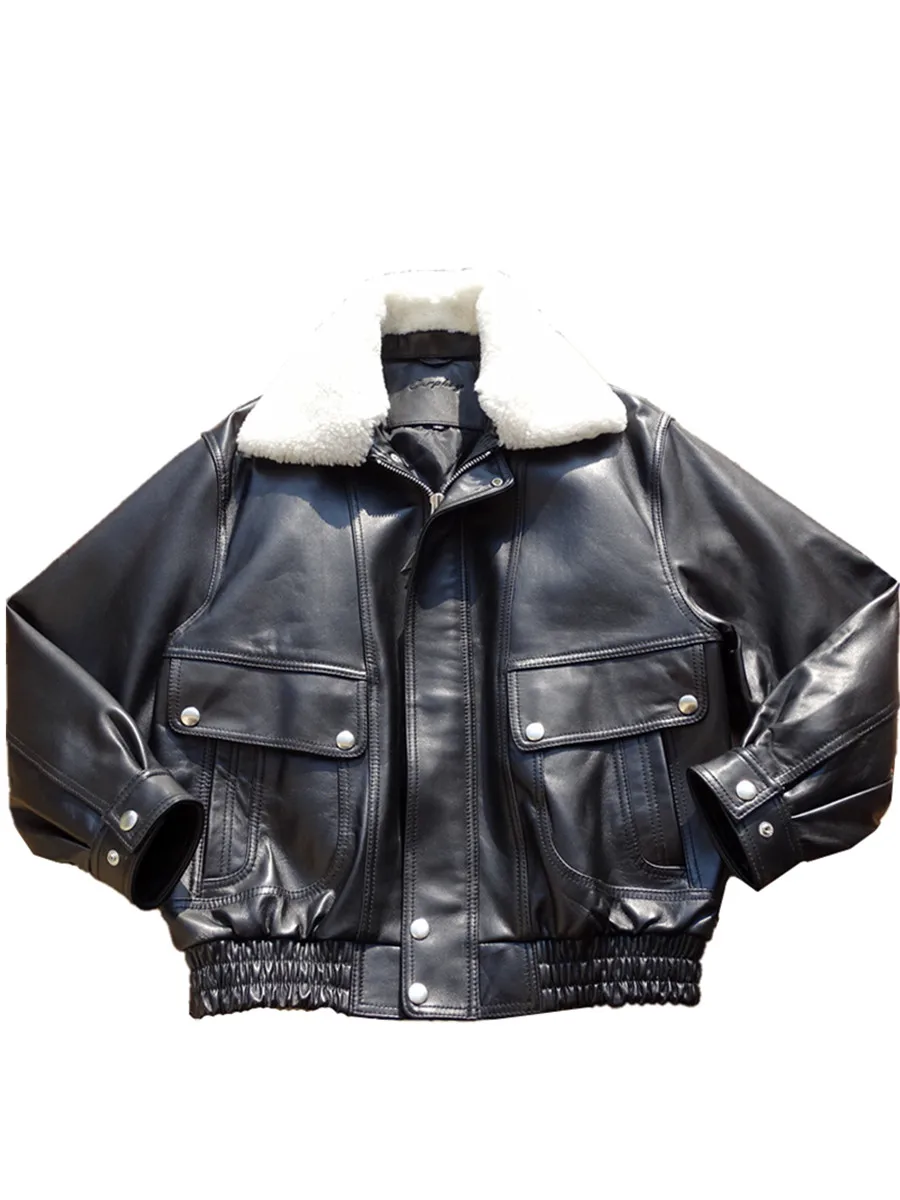 

Motorcycle Removable Wool Collar Thin Cotton Genuine Leather Jacket Neutral Retro Large Silhouette Unisex Leather Jacket