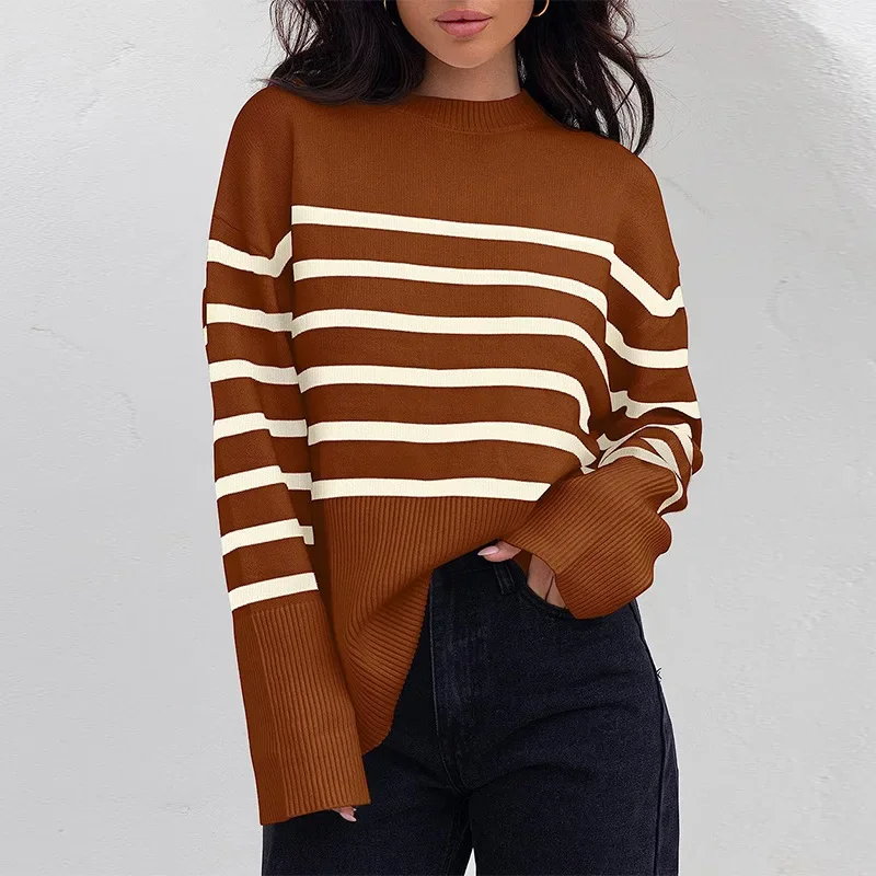 Baggy Striped Long-sleeved Side Slit Pullover Sweater, Women's Autumn and Winter Spell Color Round Neck Long-sleeve Knit Sweater