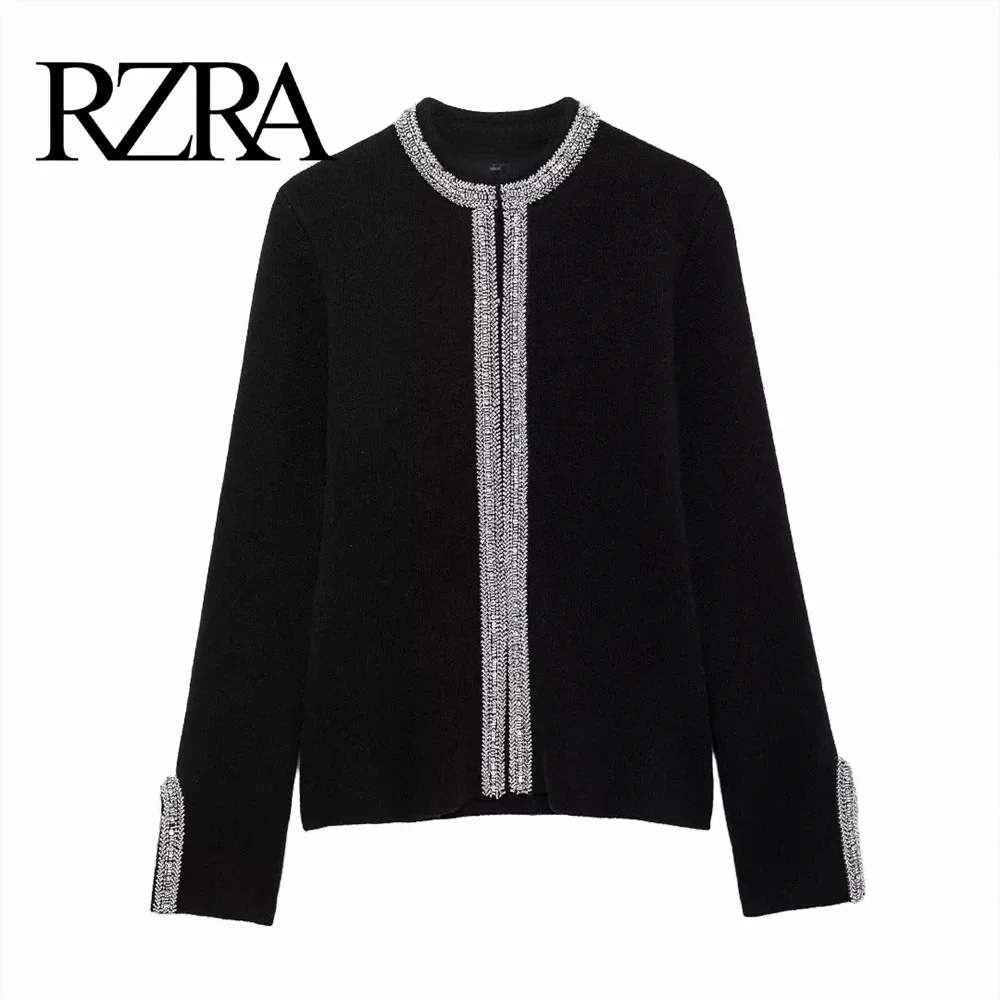 RZRA women's 2024 winter pearl string wool long sleeved round neck casual commuting black jacket jacket