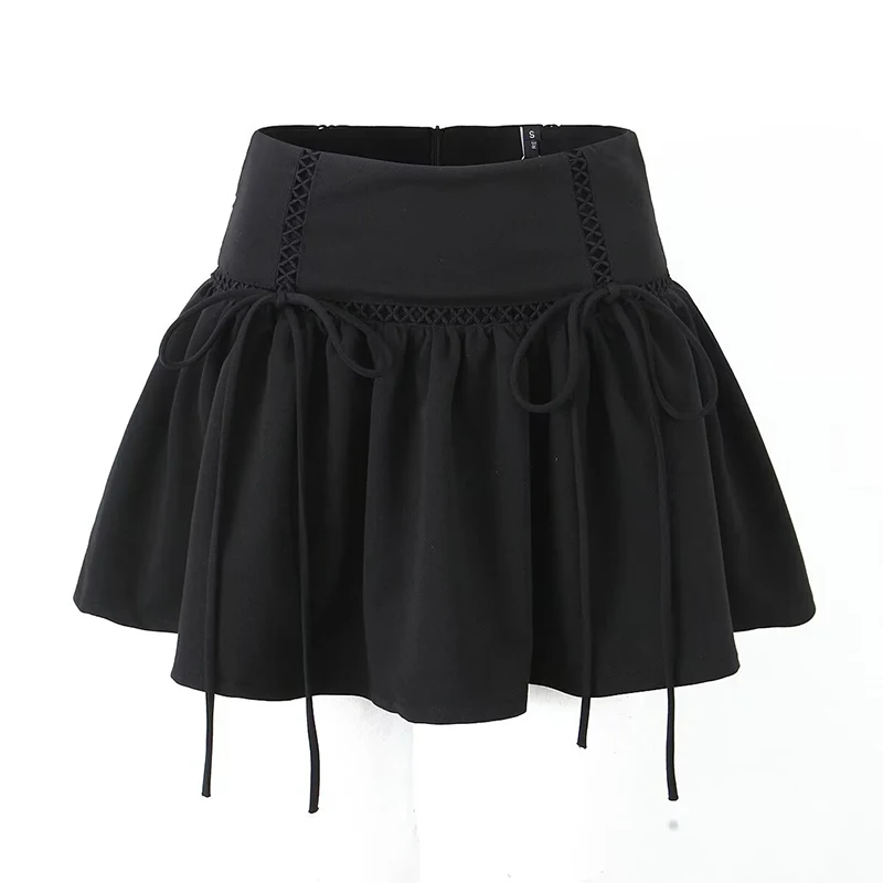 YENKYE 2024 Cool Girl American Retro Lace Trim Pleated Mini Skirt Back Zipper Bow Female Summer Short Skirt Saia