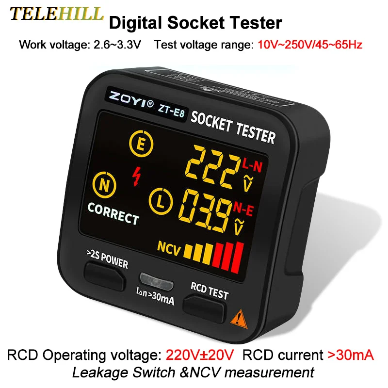 

Digital Smart Socket Tester Voltage Detector RCD GFCI NCV Live Test Large Screen Outlet checker EU US UK Plug Ground Zero Line