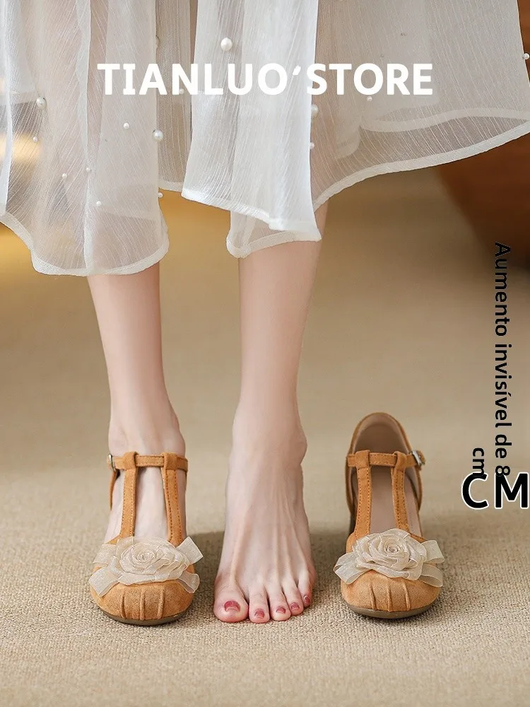 lamb-skin-8cm-heel-heightening-ballet-style-women's-sandals-summer-fashion-flat-rubber-sole-round-toe-floral-embellished-shoes